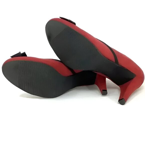 Vintage 90s Claiborne Christmas Red Black Bow Dress Court Pump Cone Heels 10 - Picture 5 of 7